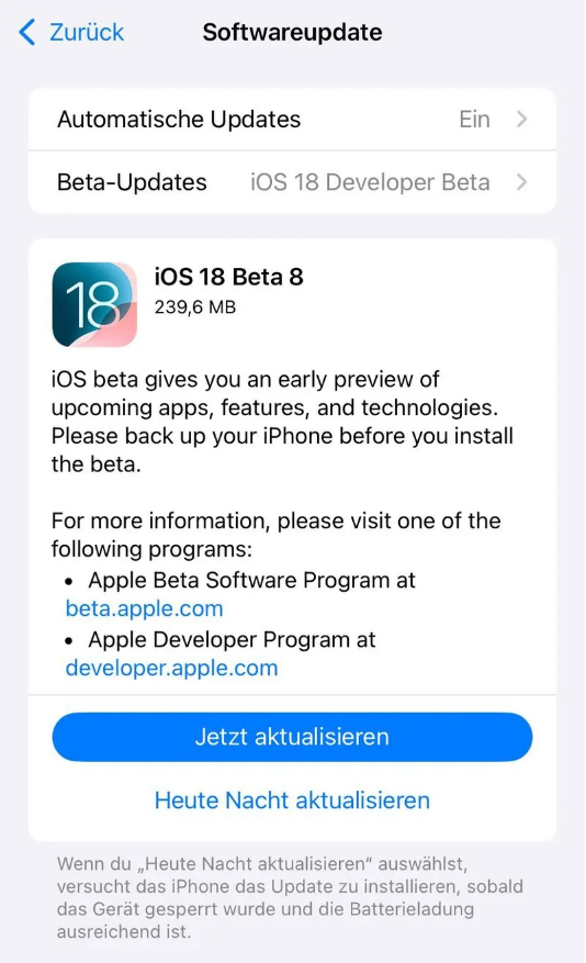 黎川苹果手机维修分享苹果 iOS / iPadOS 18 开发者预览版 Beta 8 发布 